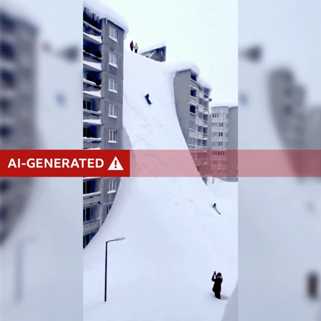 A grab from another AI-generated video of snow in Kamchatka shows people apparently sledding down a huge drift between two buildings