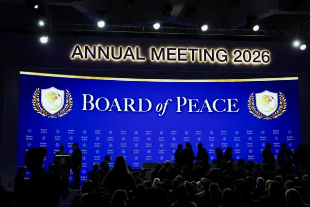 Board of Peace logo on stage