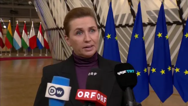 Mette Frederiksen speaking to reporters. European Union flags are in the background