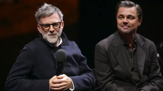Paul Thomas Anderson and Leonardo DiCaprio during a 'One Battle After Another' special screening and Q&A at The BFI IMAX London on November 19, 2025 in London, England.