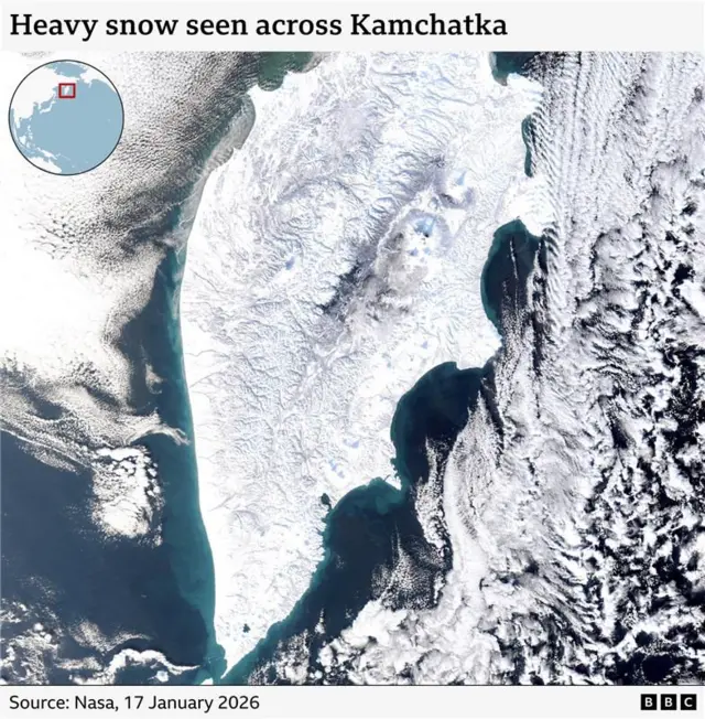 An image taken from a Nasa satellite showing the entire Kamchatka peninsula blanketed in snow