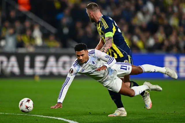 Ollie Watkins (Front) and Fenerbahce's Slovak defender Milan Skriniar fight for the ball