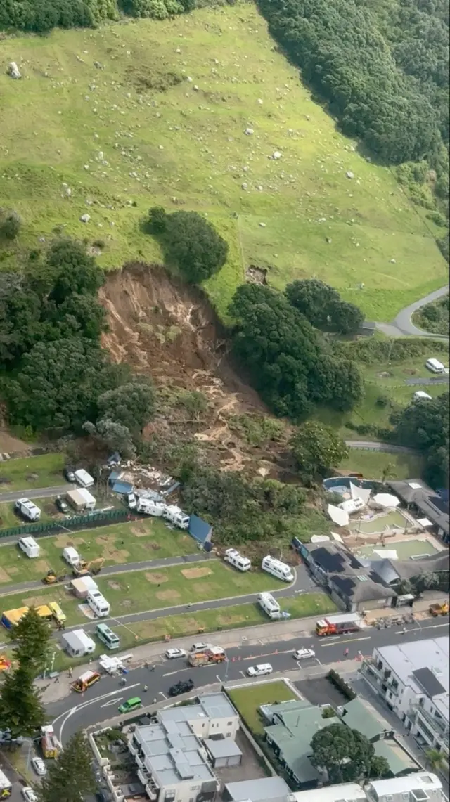 Aerial view of a landslide that has hit caravans