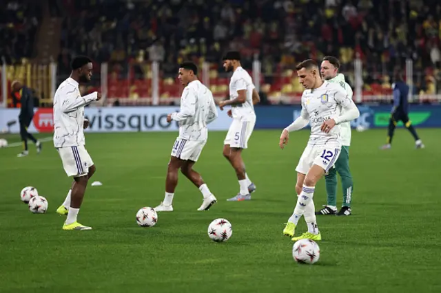 Lucas Digne of Aston Villa warms up prior