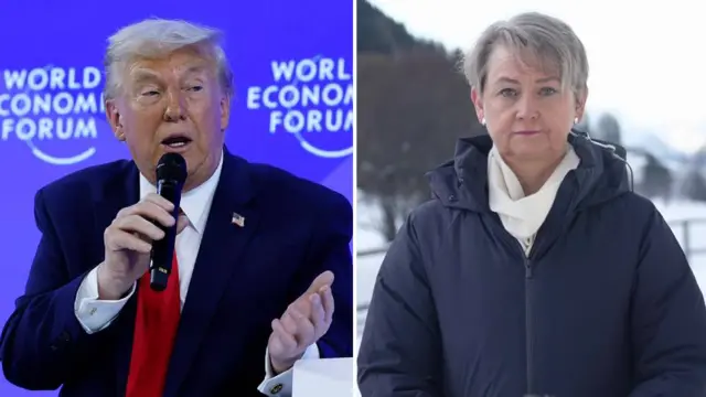 Left: President Turmp on stage at the World Economic Forum in Davos Right: Yvette Cooper speaking outside in the snow at Davos