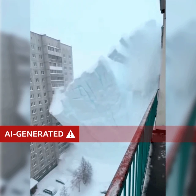 An annotated screengrab from the AI-generated video of the huge snow drift collapsing