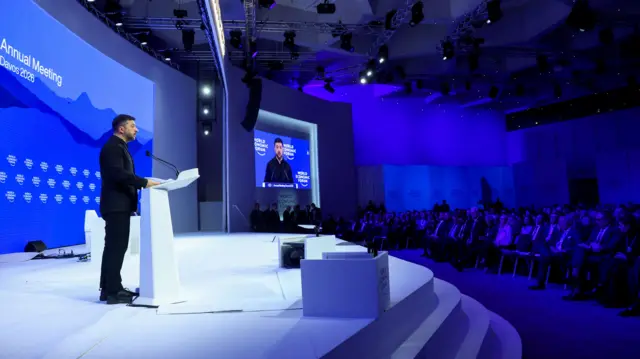 Wideshot of conference room as Zelensky addresses audience at World Economic Forum in Davos