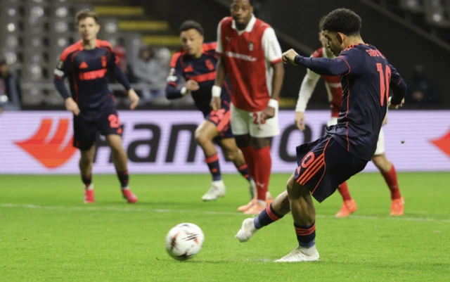 Nottingham Forest's Morgan Gibbs-White has his penalty saved by S.C. Braga's Lukas Hornicek