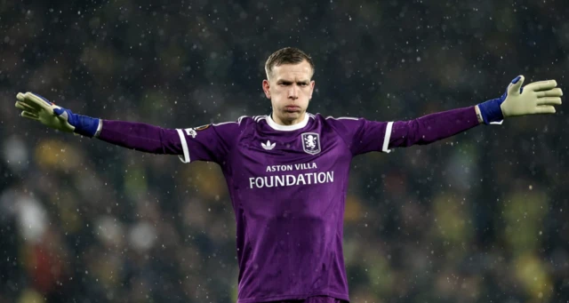 Aston Villa's Marco Bizot reacts