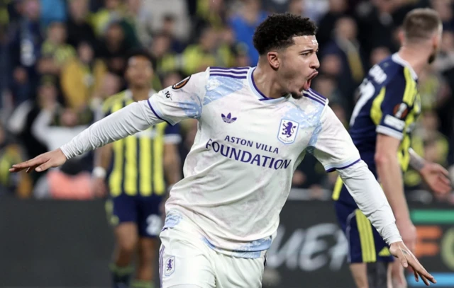 Aston Villa's Jadon Sancho celebrates scoring their first goal