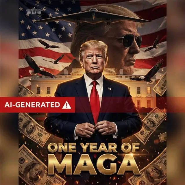 An image of Donald Trump standing in front of the White House, with the American flag, a B-2 bomber, eagles and dollar bills