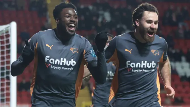 Derby County's Patrick Agyemang and Ben Brereton Diaz celebrate going 1-0 up in the win at Charlton