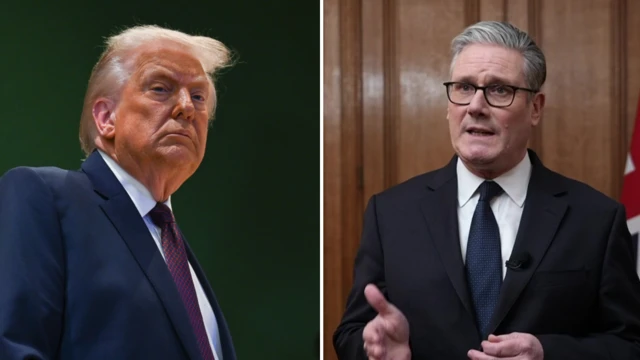 LEFT: Dondald Trump in a navy suit against a green backdrop RIGHT: Keir Starmer giving a statement in the UK gov press briefing room