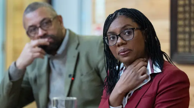 Conservative Party leader Kemi Badenoch and shadow housing secretary Sir James Cleverly during a visit to Essex Young Farmers Centre in Little Waltham, Essex, where they met local farmers and discussed their economic issues. Picture date: Friday 23 January 2026.