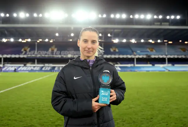 Jelena Cankovic of Brighton & Hove Albion poses for a photo with the player of the match trophy