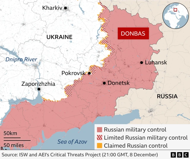 Map showing areas in the east and south of Ukraine under Russian military control, limited Russian military control and claimed Russian control, with the Donbas region highlighted.