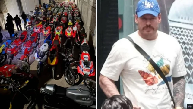 Left: a range of colourful motorcyles arranged and on right a zoomed in image of Ryan Wedding wearing a white shirt and a blue cap.