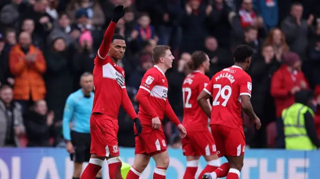 Middlesbrough's Morgan Whittaker celebrating his goal with teammates