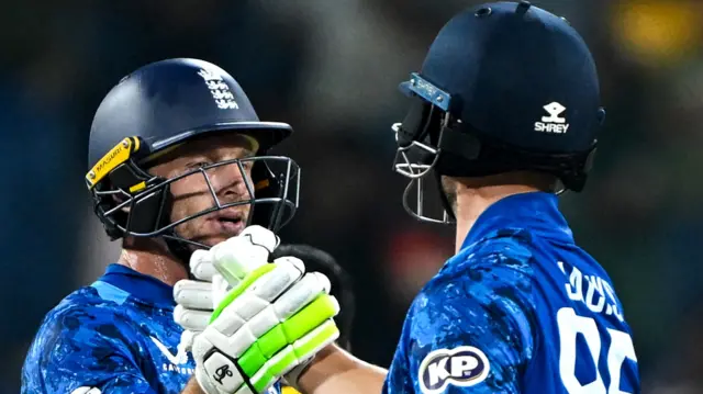 Will Jacks and Jos Buttler celebrating the winning moment
