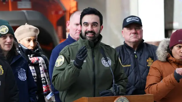 Mamdani speaking at press conference