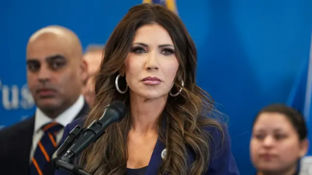 Kristi Noem speaking during a press conference in January