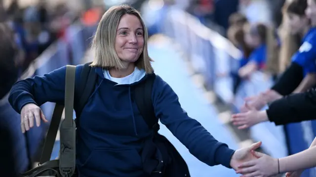 Sonia Bompastor arrives at Stamford Bridge