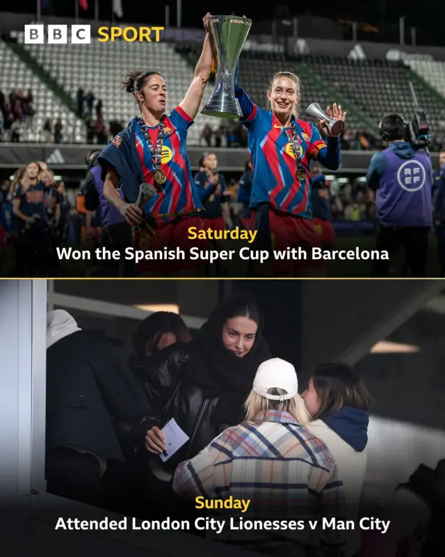 Graphic with photo of Putellas at Copperjax and Putellas holding the Supercopa with text 'Saturday, won the Spanish Super Cup with Barcelona' and 'Sunday, attended London City Lionesses v Man City'