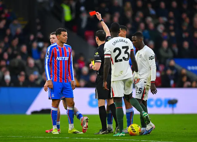 Adam Wharton is shown a second yellow card in the space of five minutes and he is sent off.