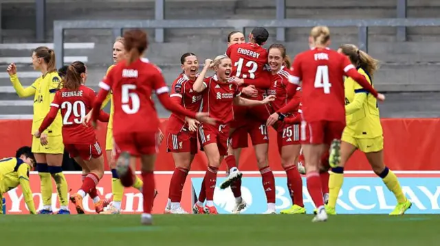 Liverpool's players celebrate Mia Enderby second goal