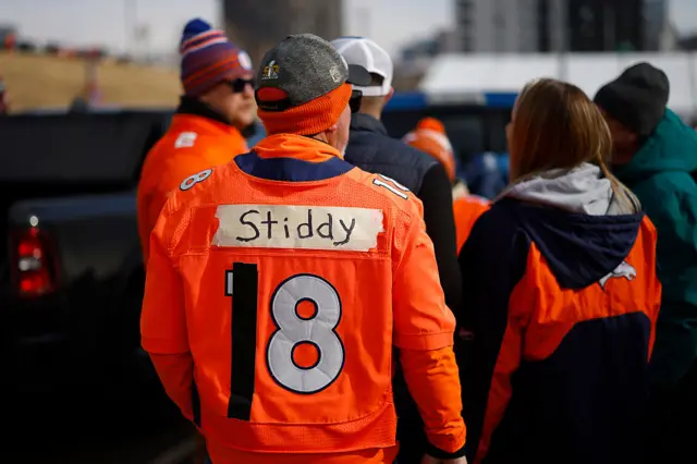 A Denver Broncos fan with 'Stiddy 18' on the back of his jersey