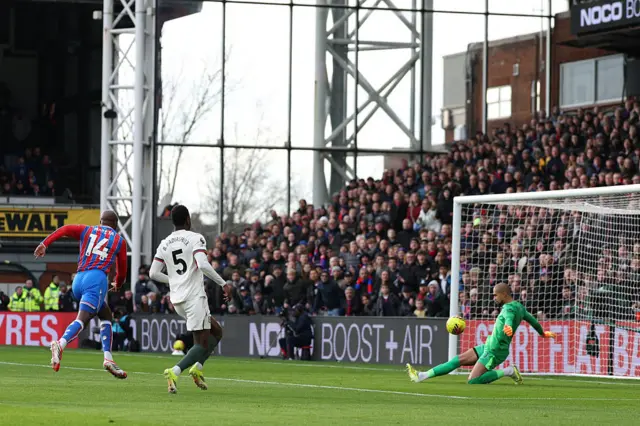Robert Sanchez saves this shot from Crystal Palace's French striker #14 Jean-Philippe Mateta