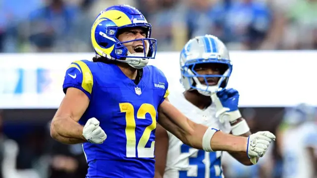 Puka Nacua of the Los Angeles Rams celebrates after a catch against the Detroit Lions