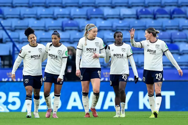 Shekiera Martinez celebrates her goal with West Ham teammates