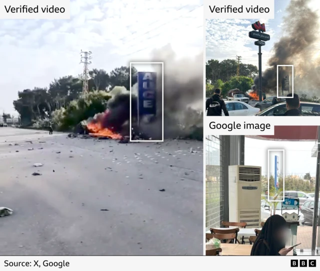 A BBC-annotated graphic comprising three panes - on the left a grab of verified footage showing a fire at the side of a road and a sign for AUCE. Top right a different angle on the same fire and sign. Bottom right a picture from Google taken inside the chicken restaurant where the same AUCE sign can be seen out the window