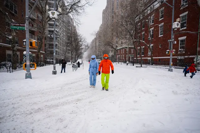 People in ski-type clothing in New York.