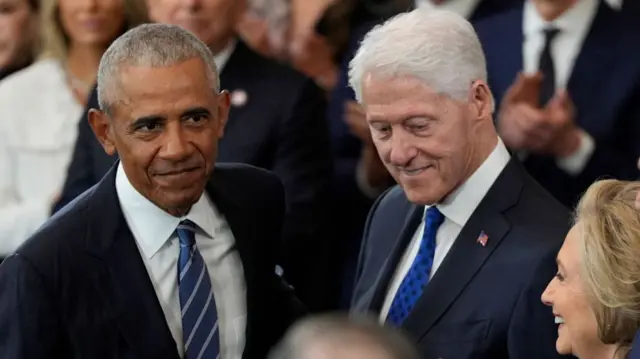 Former presidents Barack Obama, Bill Clinton and former scretary of sate Hillary Clinton arrive for the inauguration ceremony where Donald Trump will be sworn-in as the 47th US President in the US Capitol Rotunda in Washington, DC, on January 20, 2025.