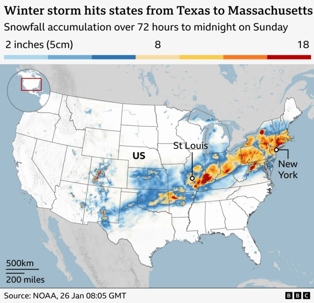 Suggested alt text Map of the United States showing snowfall accumulation over a 72‑hour period ending at midnight Sunday. A colour scale indicates snow totals from 2 inches (5 cm) in light blue to 18 inches in dark red. A broad band of heavier snowfall stretches from Texas northeast through the Midwest and into the Northeast, with particularly high accumulations around St. Louis and across parts of Pennsylvania, New York, and New England. Lighter snowfall appears across surrounding regions. Major cities such as St. Louis and New York are labelled.