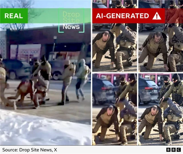A real freeze-frame image of the incident in Minneapolis (left) and four AI-enhanced versions of it (right)