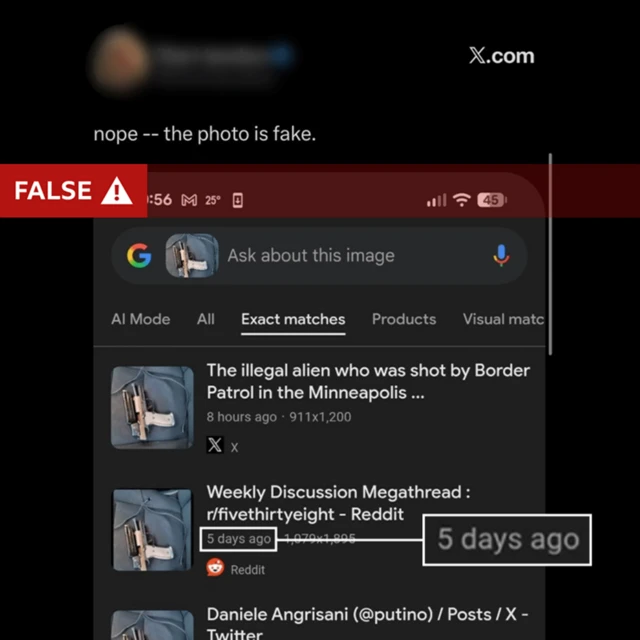 An annotated graphic of someone sharing Google Lens reverse image search claiming the picture of the gun was published five days before the shooting