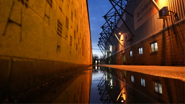 Rain on the ground outside Cambridge United's Cledara Abbey Stadium before kick-off against Shrewsbury Town