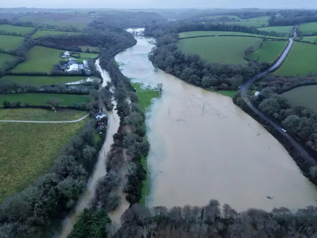 An ariel view of flooding around the River Fal.
