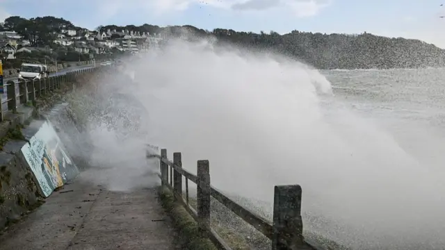 Huge waves strike the Cornish coast at Castle Beach on January 27, 2026 in Falmouth, England