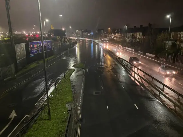 A flooded road at Southampton