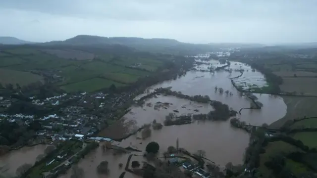 Drone images showing flooding in Tipton St John