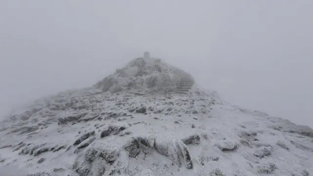 Summit of Yr Wyddfa/Snowdonia in ice and snow