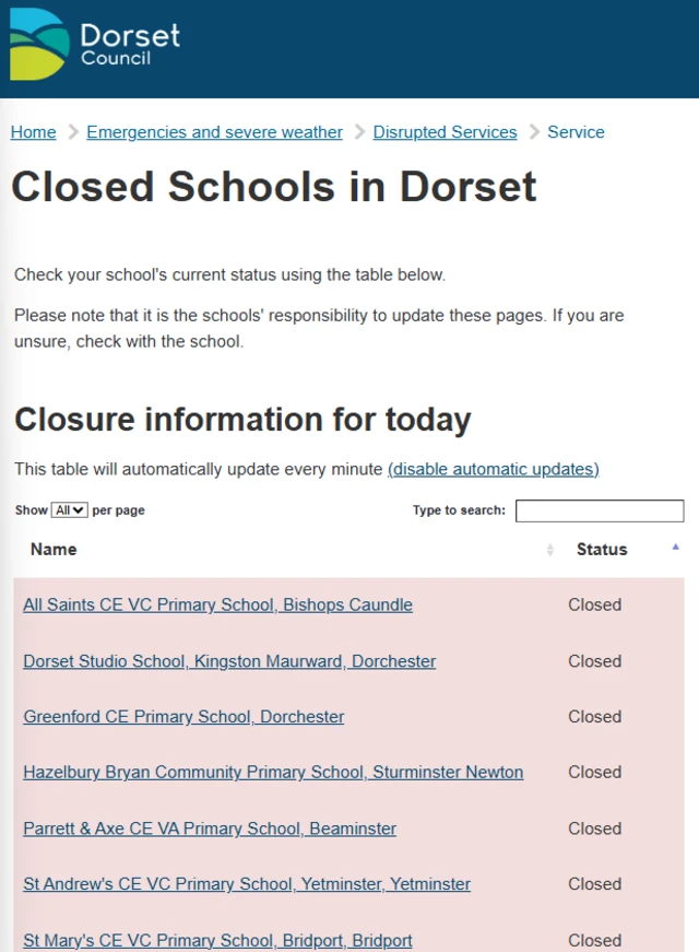 Screenshot showing school closures in Dorset Council