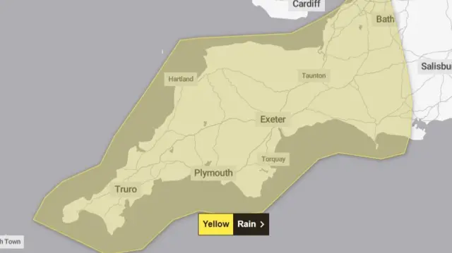 Met Office warning for rain in south west England