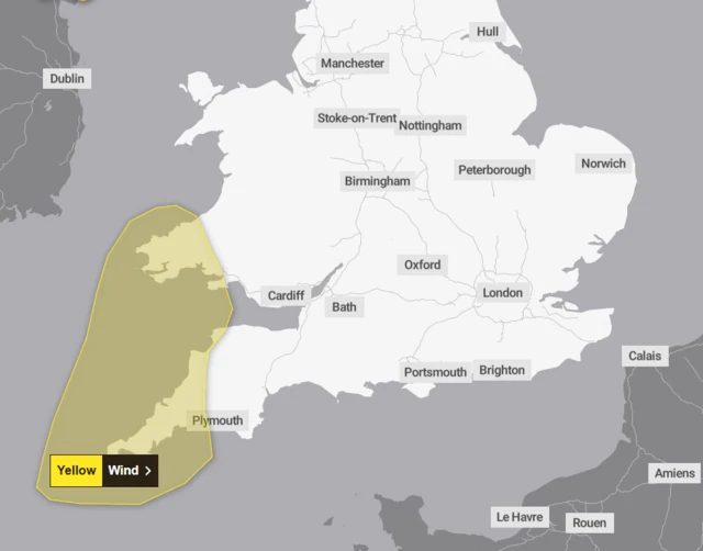 A labelled map showing a current yellow wind warning for south-west England and Wales, in force until 16:00