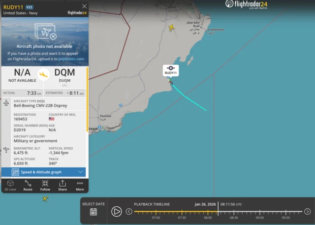 A FlightRadar24 screenshot which shows a V-22 Osprey being tracked off Oman