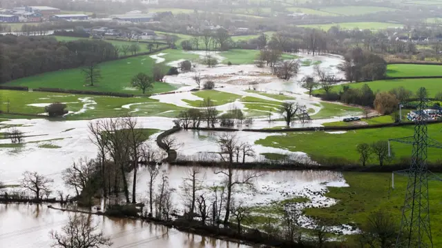 An aerial shot of the River Otter's burst banks